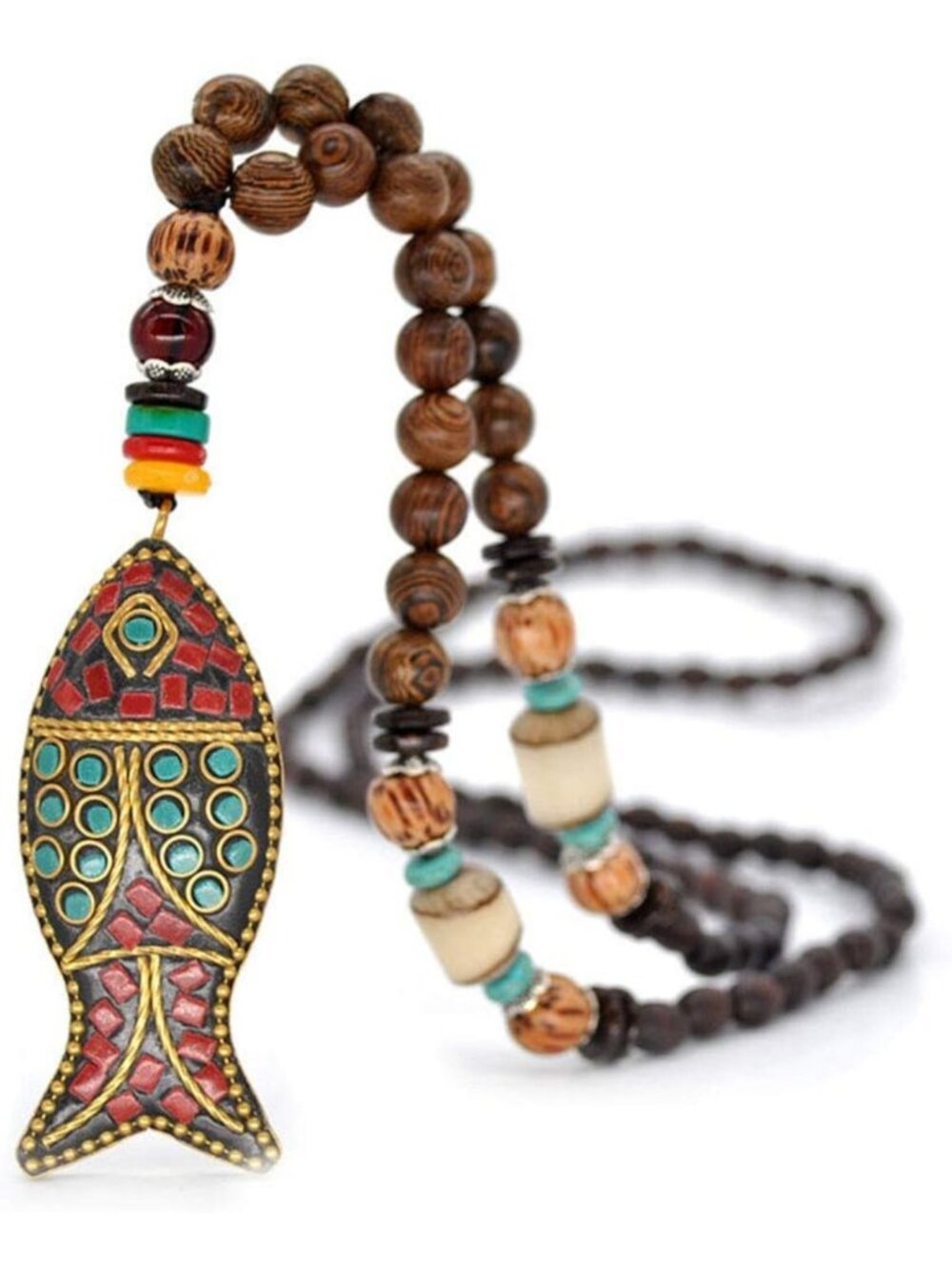 Vintage Handmade Long Necklace with Turquoise & Wood Beads - Women's Fashion